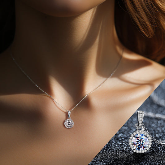 women wearing round moissanite pendant necklace rhodium plated jewelry