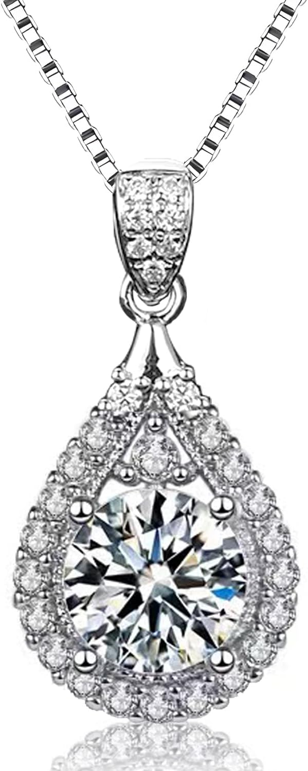 Women's Moissanite Necklace, 2-Carat Lab-Grown Diamond Pendant, Rhodium-Plated, Silver Necklace with Single Gemstone, Comes with Gift Box.