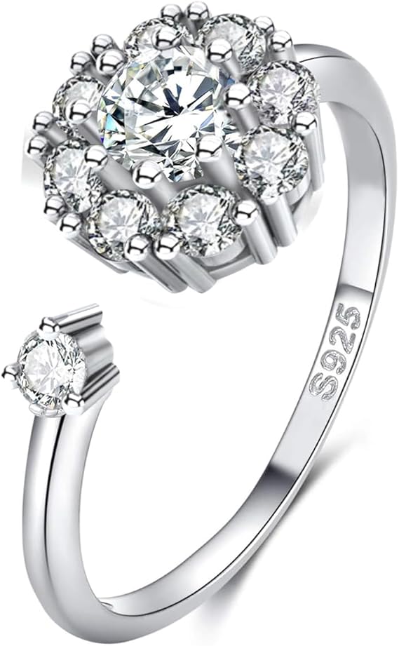 Women's Moissanite ring, 925 silver plated with 18K white gold, lab-created Moissanite diamond, adjustable open silver ring, engagement ring, jewelry gift.