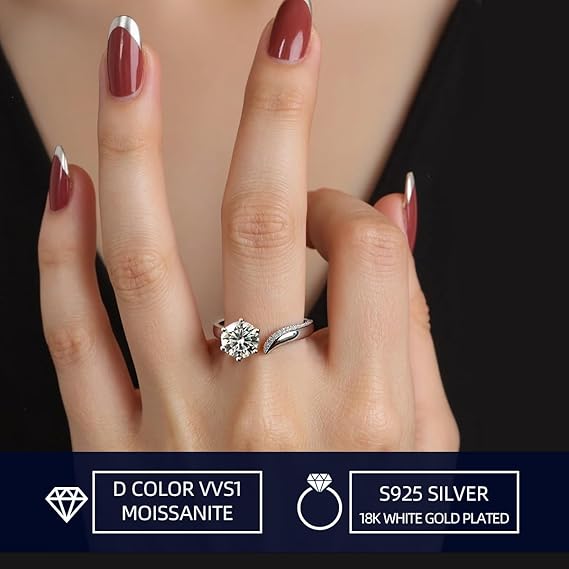 Women's Moissanite Ring, 1.5CT Lab-Created Diamond, 925 Silver with 18K White Gold Plating, Adjustable Open Silver Ring, Engagement Ring, Jewelry Gift.