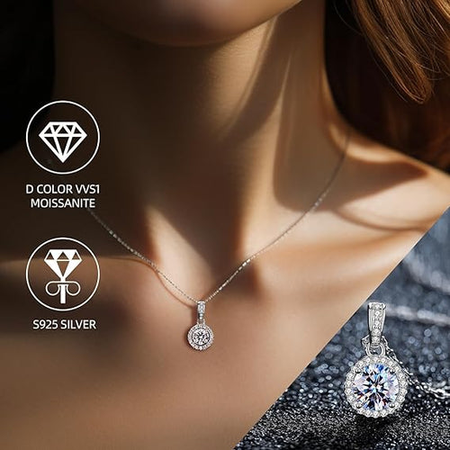 Women's Moissanite Necklace, 1CT Moissanite Diamond Pendant, Lab-Grown, Rhodium-Plated, Silver Necklace with Single Gemstone, Comes with Gift Box.