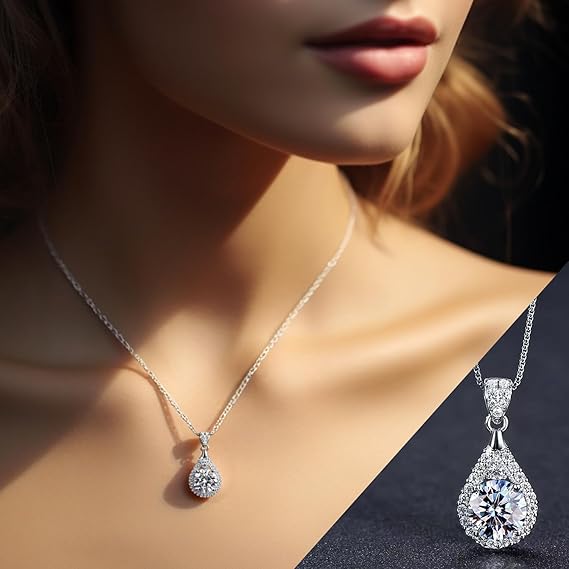 Women's Moissanite Necklace, 2-Carat Lab-Grown Diamond Pendant, Rhodium-Plated, Silver Necklace with Single Gemstone, Comes with Gift Box.