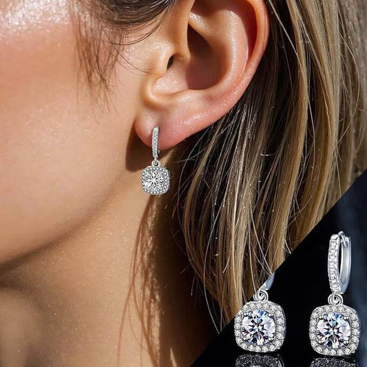 women wearing square moissanite pendant earrings elegant luxury jewelry