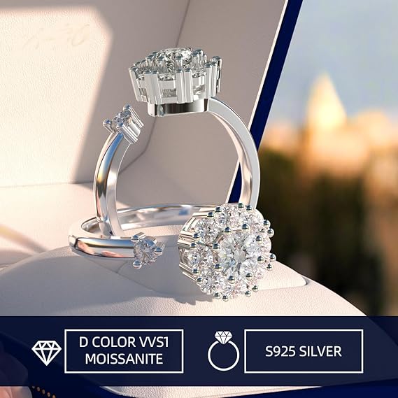 Women's Moissanite ring, 925 silver plated with 18K white gold, lab-created Moissanite diamond, adjustable open silver ring, engagement ring, jewelry gift.