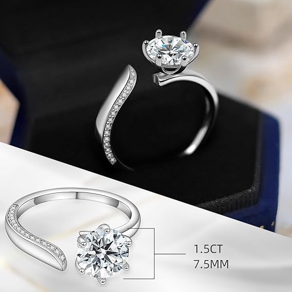 Women's Moissanite Ring, 1.5CT Lab-Created Diamond, 925 Silver with 18K White Gold Plating, Adjustable Open Silver Ring, Engagement Ring, Jewelry Gift.