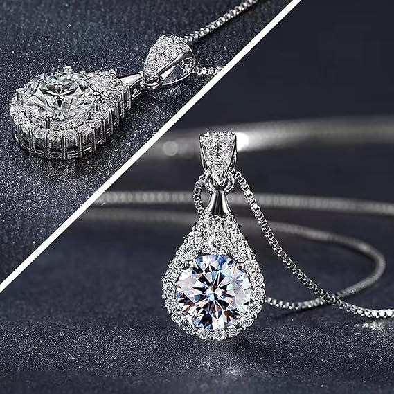 Women's Moissanite Necklace, 2-Carat Lab-Grown Diamond Pendant, Rhodium-Plated, Silver Necklace with Single Gemstone, Comes with Gift Box.
