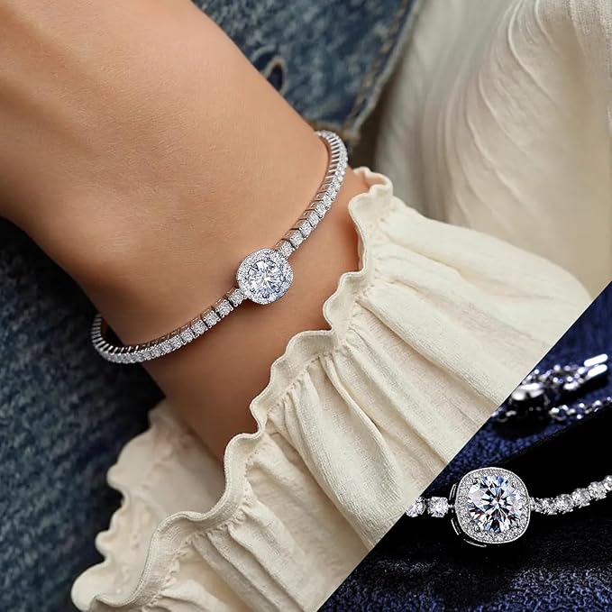Moissanite tennis bracelet, 2CT 8mm lab-created moissanite diamonds, rhodium-plated, adjustable silver and white gold bracelet for women, stylish, jewelry gift.