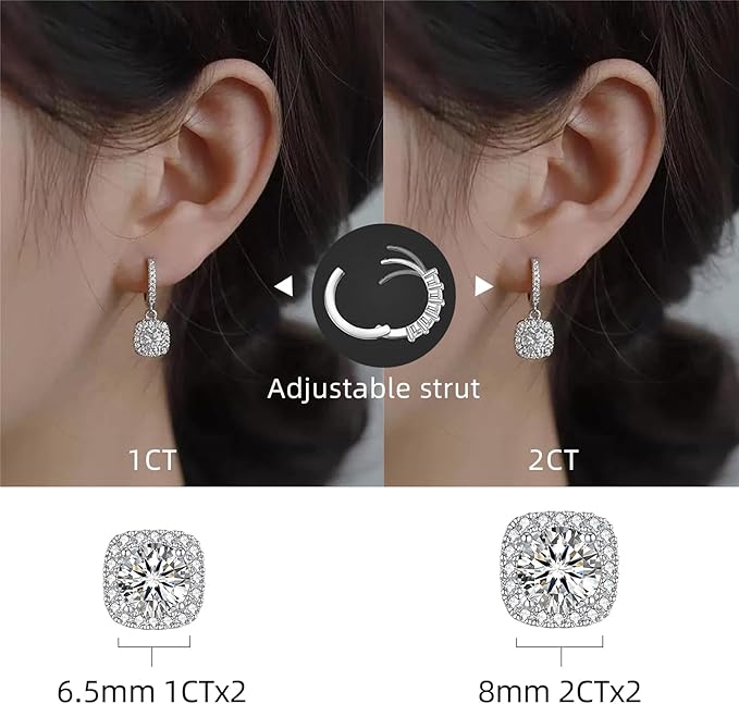 Women's Moissanite Pendant Earrings, 1CT Moissanite Diamonds, Lab-Created, Rhodium-Plated, Silver Earrings Studs, Jewelry Gift.