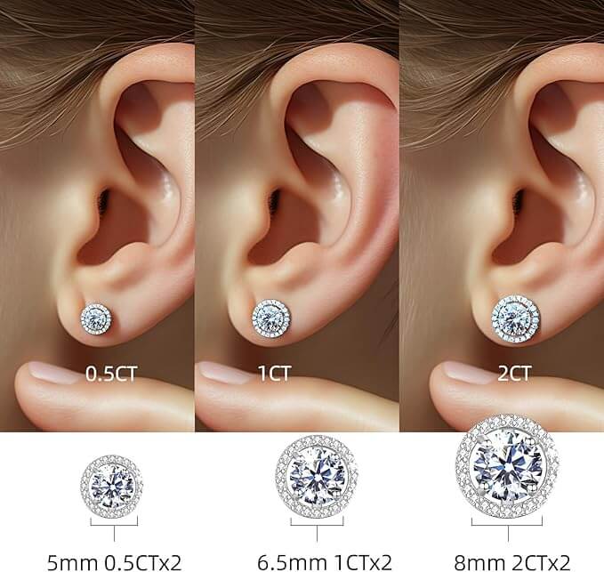close up of D color VVS1 lab created moissanite stud earrings sparkle