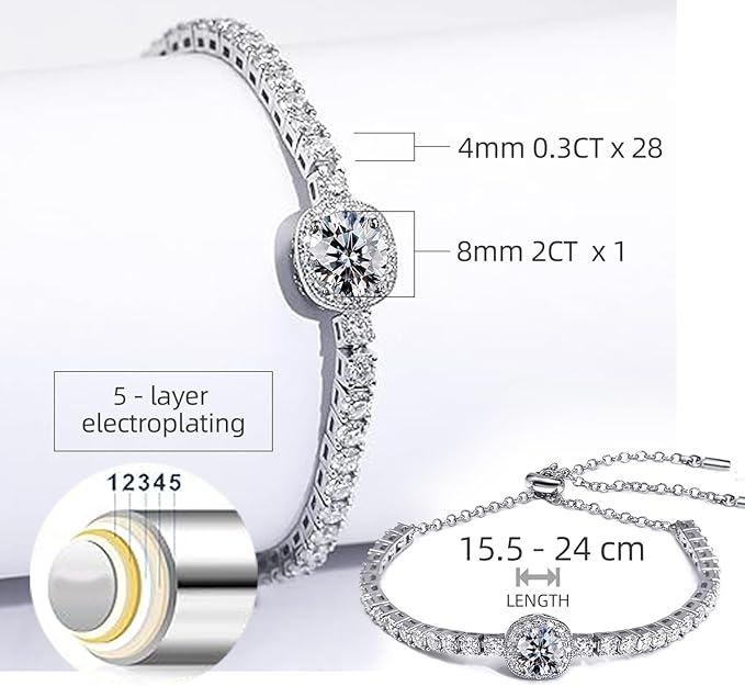 Moissanite tennis bracelet, 2CT 8mm lab-created moissanite diamonds, rhodium-plated, adjustable silver and white gold bracelet for women, stylish, jewelry gift.