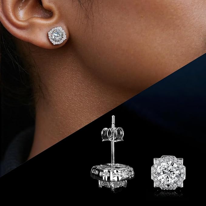 close up of D color VVS1 lab created moissanite earrings with brilliant sparkle