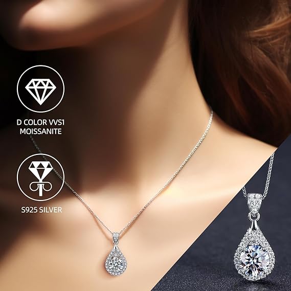 Women's Moissanite Necklace, 2-Carat Lab-Grown Diamond Pendant, Rhodium-Plated, Silver Necklace with Single Gemstone, Comes with Gift Box.