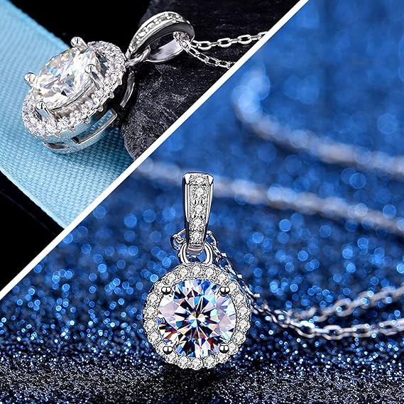 close up of D color VVS1 lab created moissanite necklace sparkling gemstone