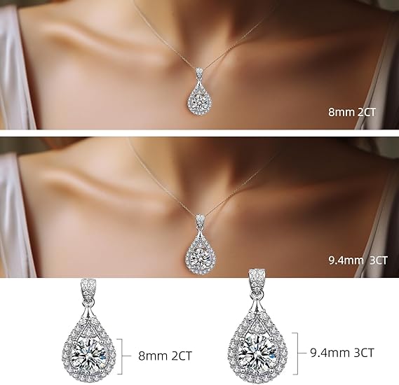 Women's Moissanite Necklace, 2-Carat Lab-Grown Diamond Pendant, Rhodium-Plated, Silver Necklace with Single Gemstone, Comes with Gift Box.