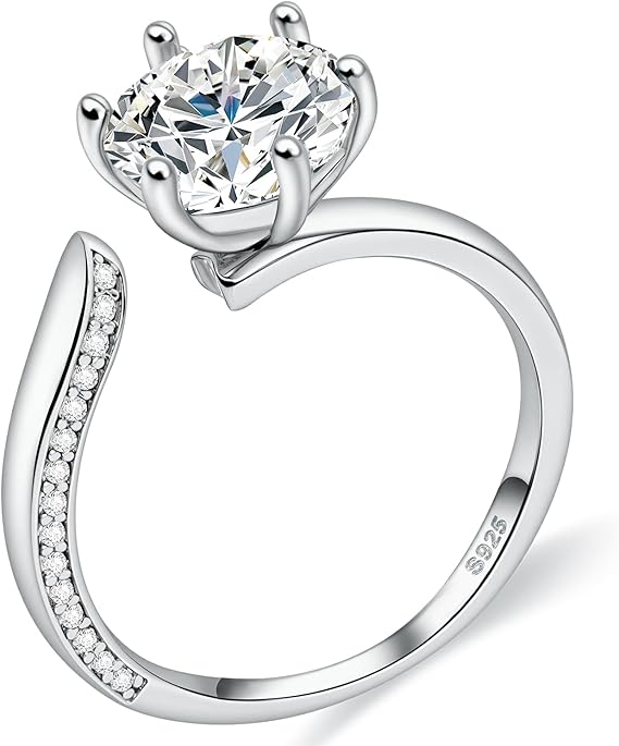 Women's Moissanite Ring, 1.5CT Lab-Created Diamond, 925 Silver with 18K White Gold Plating, Adjustable Open Silver Ring, Engagement Ring, Jewelry Gift.