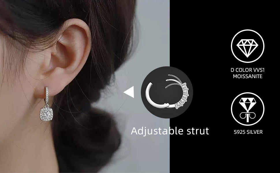 Women's Moissanite Pendant Earrings, 1CT Moissanite Diamonds, Lab-Created, Rhodium-Plated, Silver Earrings Studs, Jewelry Gift.