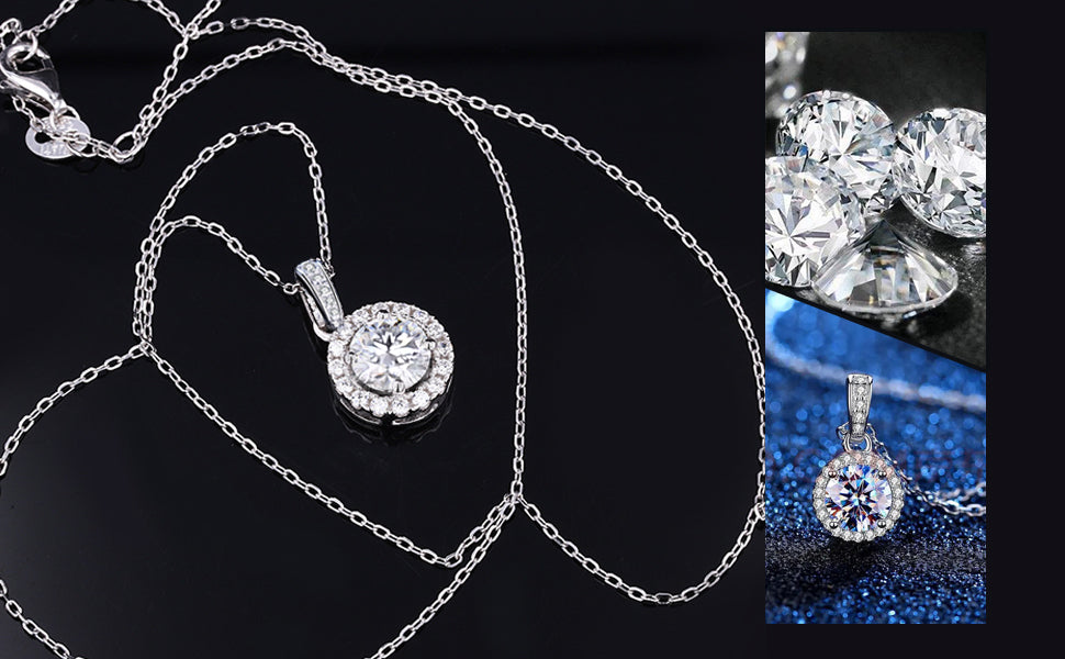 Women's Moissanite Necklace, 1CT Moissanite Diamond Pendant, Lab-Grown, Rhodium-Plated, Silver Necklace with Single Gemstone, Comes with Gift Box.