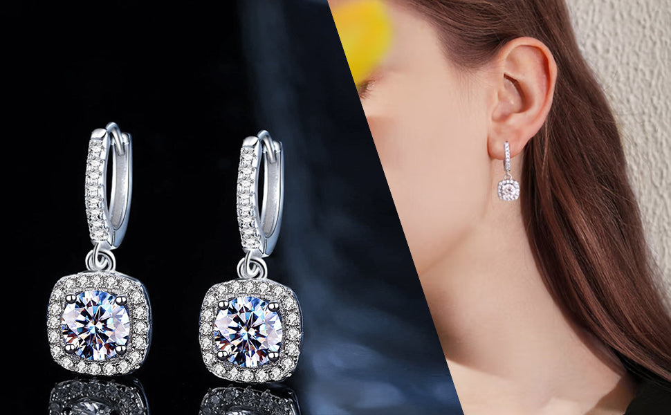 Women's Moissanite Pendant Earrings, 1CT Moissanite Diamonds, Lab-Created, Rhodium-Plated, Silver Earrings Studs, Jewelry Gift.