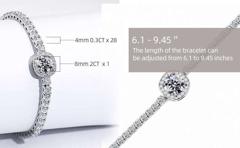 Moissanite tennis bracelet, 2CT 8mm lab-created moissanite diamonds, rhodium-plated, adjustable silver and white gold bracelet for women, stylish, jewelry gift.