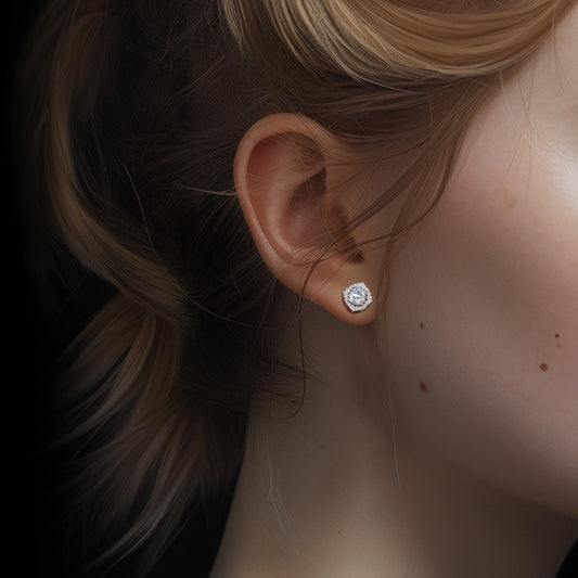 women wearing square moissanite stud earrings with elegant white gold design