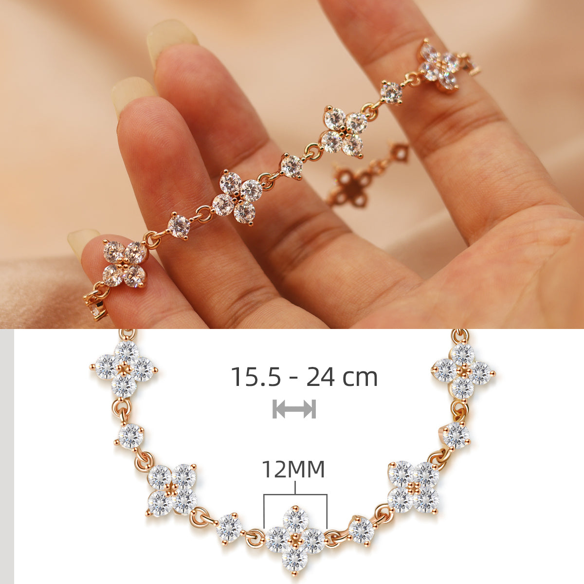 FEIKFEIZ Clover Moissanite Bracelet | Rose Gold Lucky Jewelry Gift