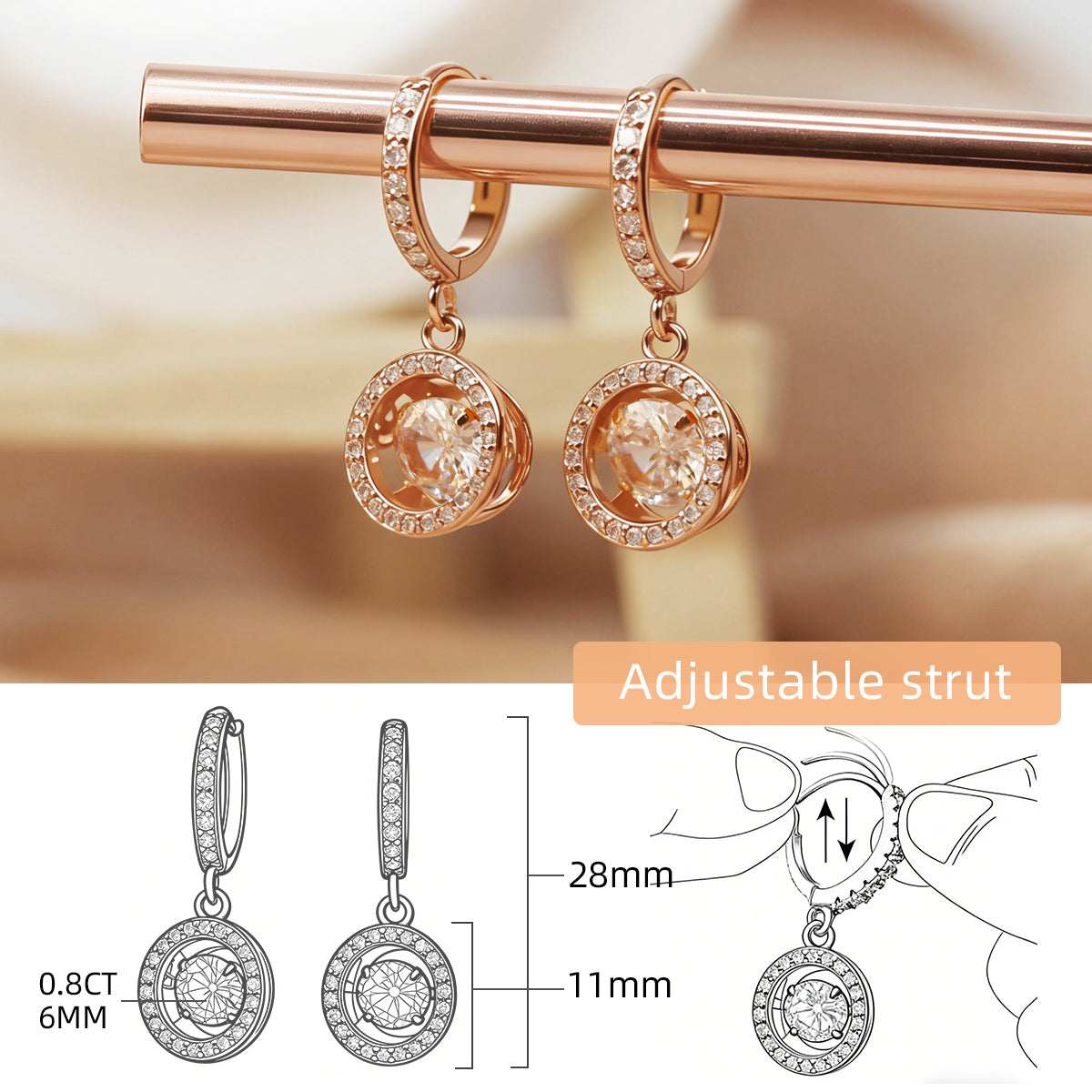 Women's Moissanite Pendant Earrings, 0.8CT Moissanite Diamonds, Lab-Created, 18K Rose Gold Plated, Fashion Stud Earrings, Jewelry Gift.